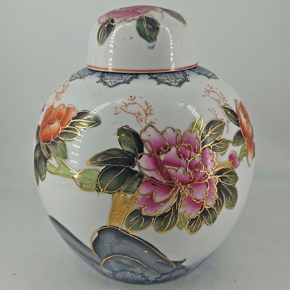 Vintage hand painted porcelain peony floral ginger jar raised gold details
